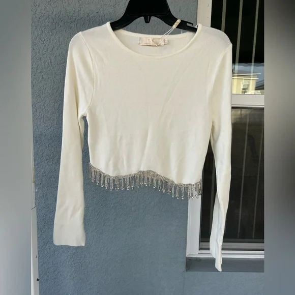 Lizette Collection Rhinestone Fringe Hem Crop Stretchy Top XL Club Nightwear - Picture 1 of 5